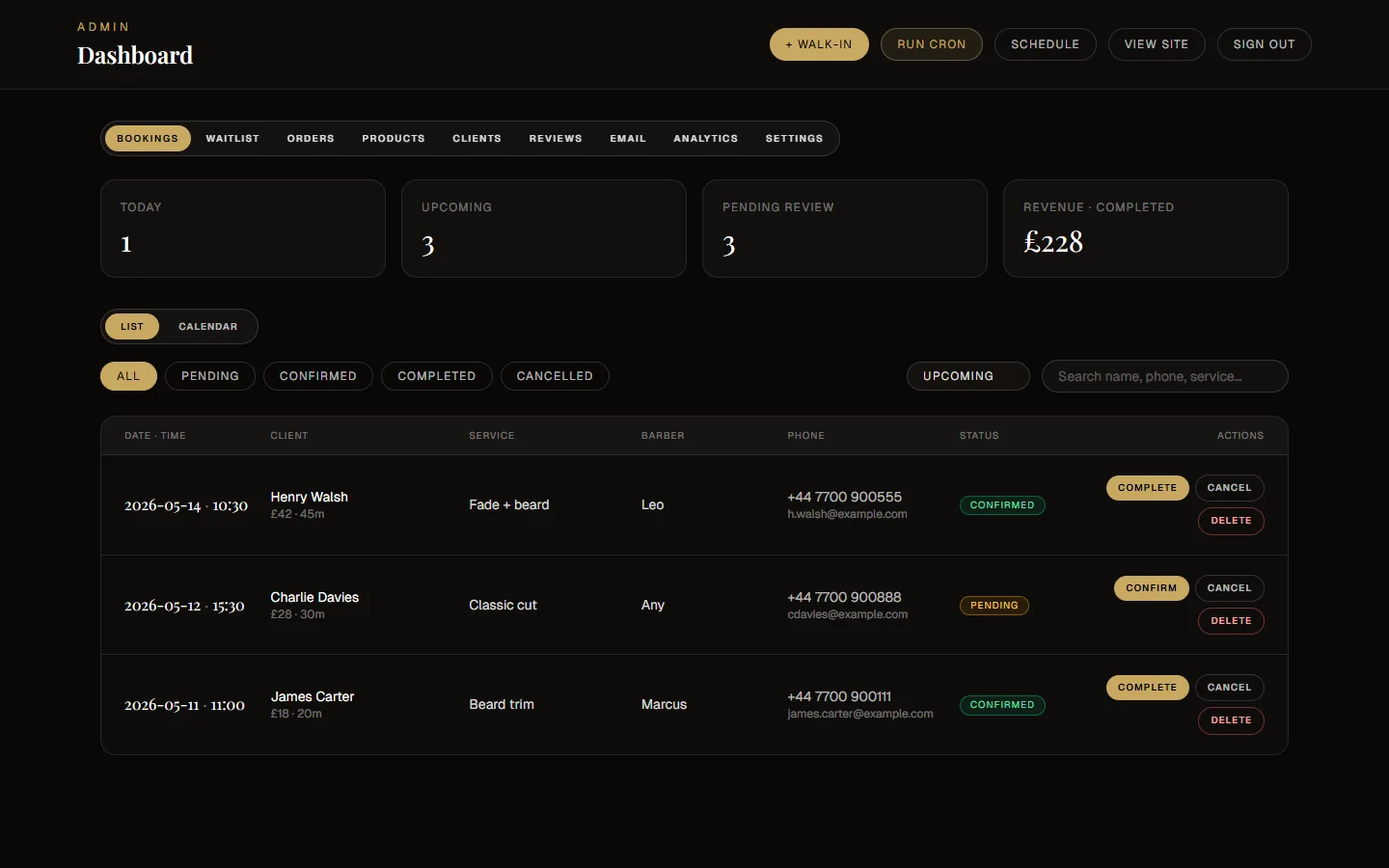 Bookings dashboard