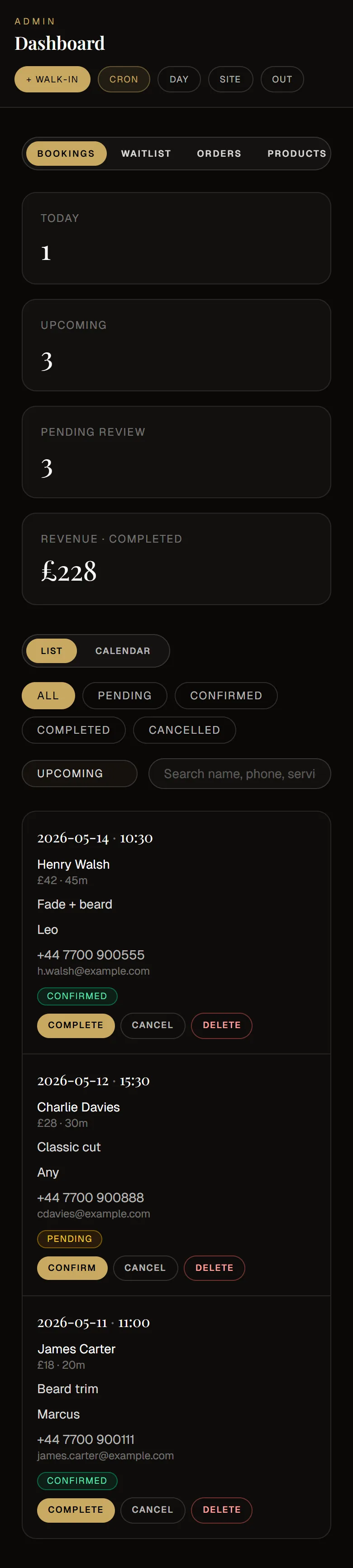 Bookings dashboard
