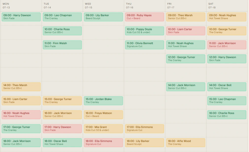 The Buklot admin calendar with a full week of appointments