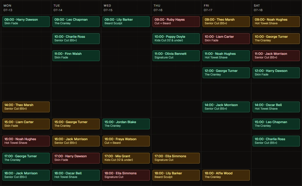The Buklot admin calendar with a full week of appointments